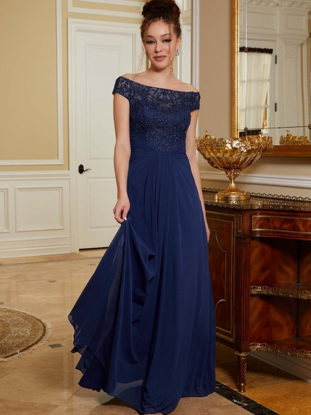 Navy Beaded Off Shoulder Mesh Mother of the Bride/Groom EveningGown MGNY 72823